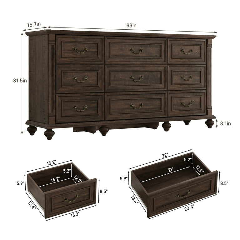 Blotout 9 Drawer Dressers for Bedroom, Farmhouse Dresser with 6 Solid Wood feet, 63" Wide Brown Dresser Wooden Dresser Rustic Chest of Drawers Long