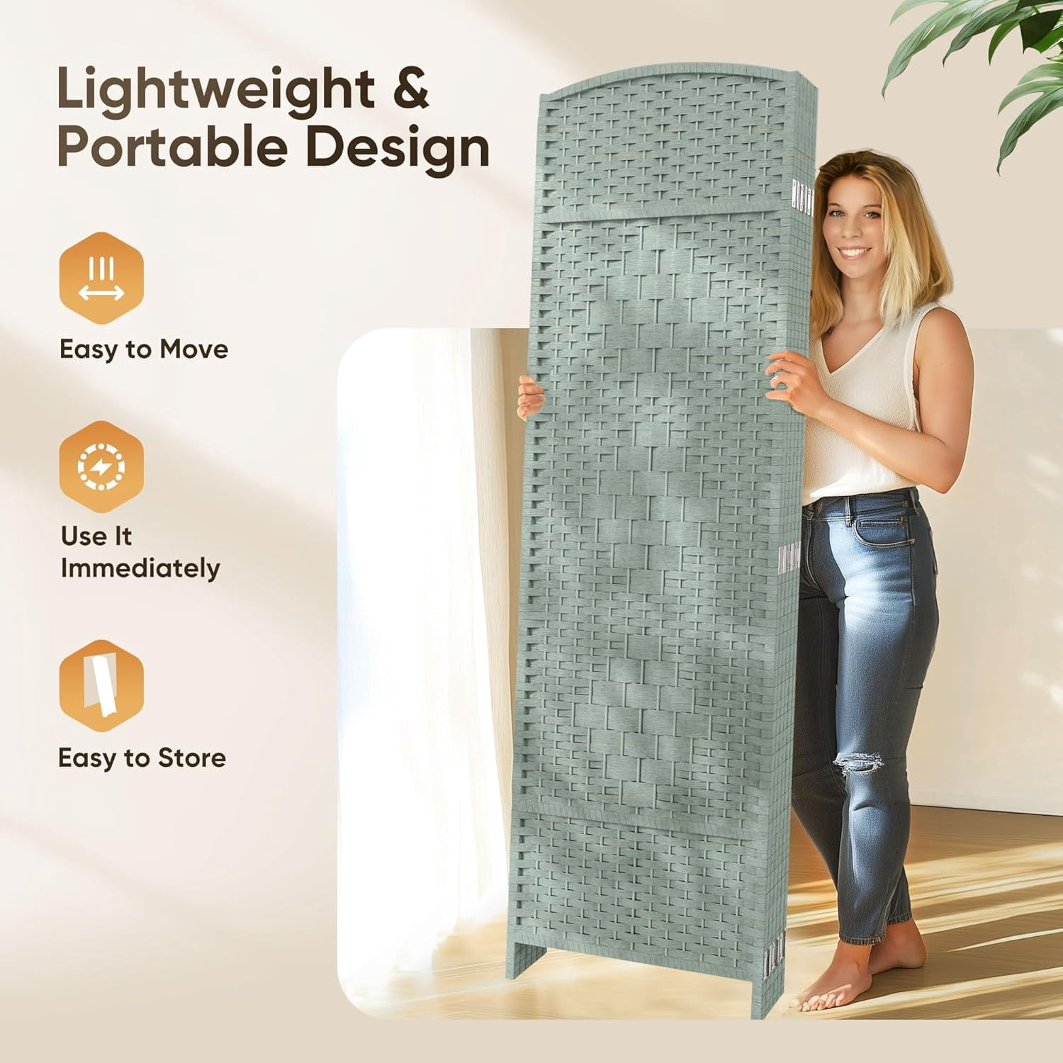 Jostyle 6ft Room Divider with Hand-Woven Design, 4-Panel Folding Privacy Screen Freestanding Gray-Green