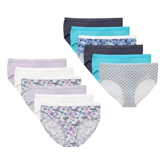 Hanes Girls' Underwear Briefs Pack, 12-Pack, Cotton Blend White/Purple/Blue/Grey/Floral Print/Dot Print/Tie-Dye Print 4
