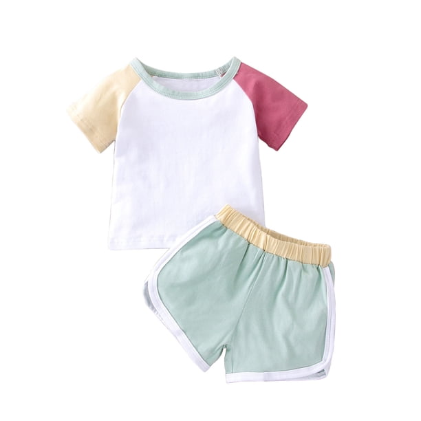 Gibobby Conjunto de ropa para bebé y niños pequeños bebés Niñass Primavera Verano Patchwork algodón manga corta camiseta pantalones cortos sudadera trajes ropa(Azul, 12-18 Meses)