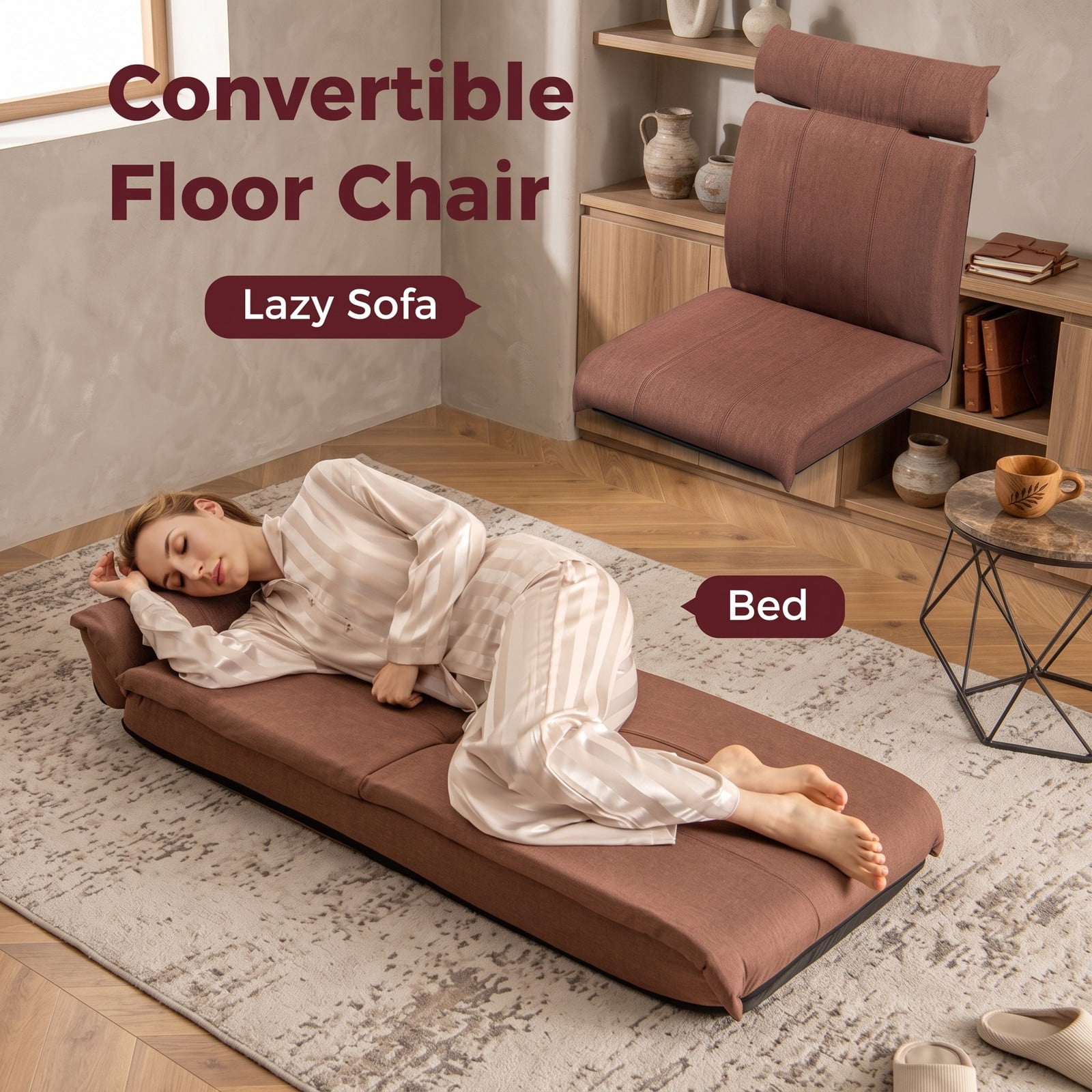 Furnibear Folding Floor Chair Lazy Sofa Lounger with 14-Position Adjustable Backrest and 5-Position Headrest, Linen Padded Recliner for Gaming Reading, Brown