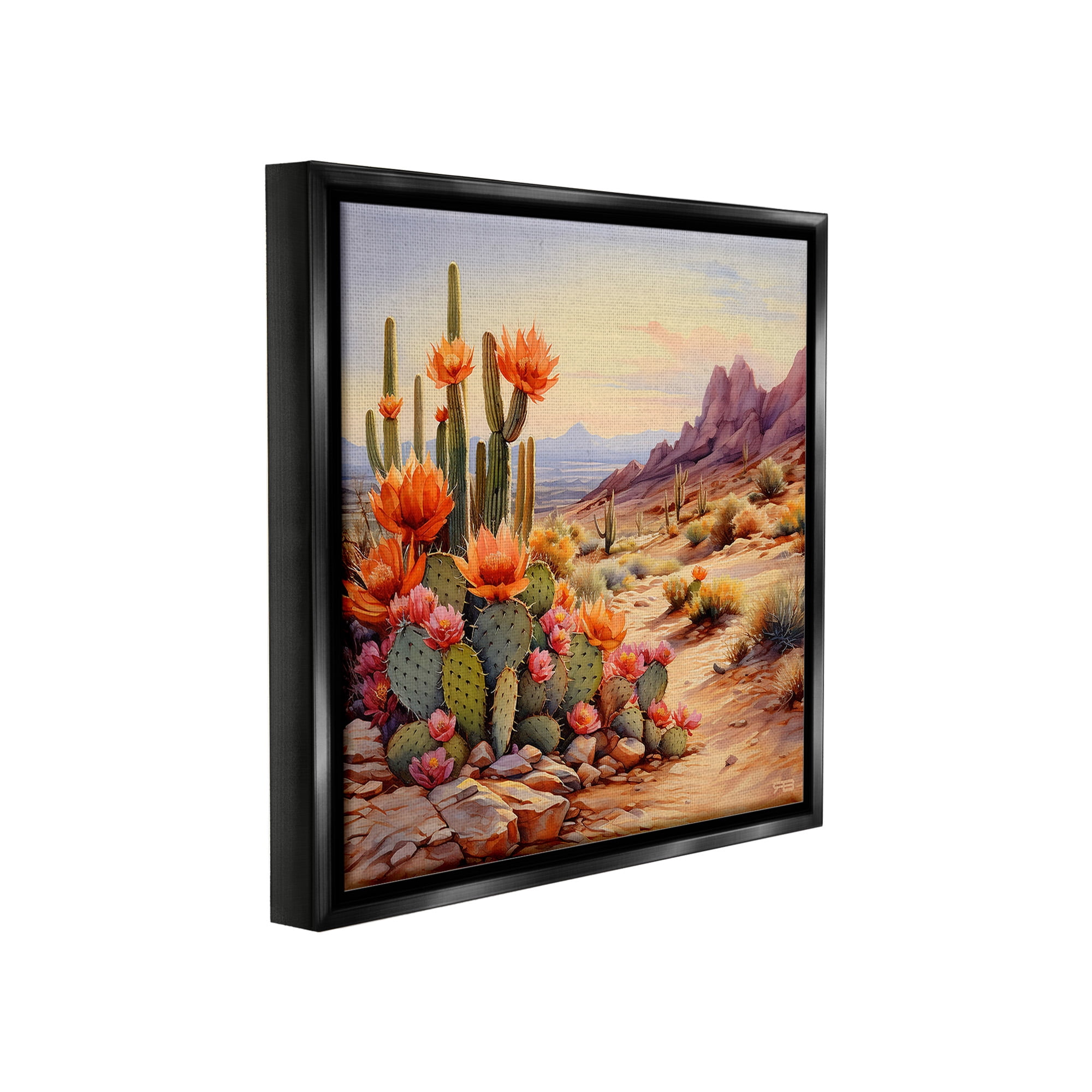 Stupell Industries Cactus Flower Landscape Landscape Painting Black Floater Framed Canvas Art Print Wall Art, 25 x 25