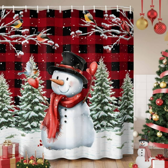 Red Plaid Snowman Christmas Shower Curtain, Xmas Tree Snowflake Birds Branches Waterproof Fabric Shower Curtains with 12 Hooks, Bathroom Curtain Set for Bathroom Accessories Decor, 72 x 84 Inches
