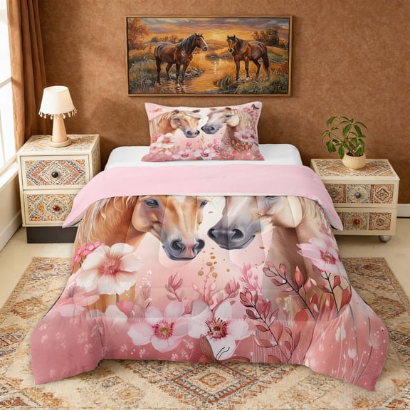 Erosebridal Farm Horse Twin Comforter Sets, Pink Flower Butterfly Bedding Set for Girls