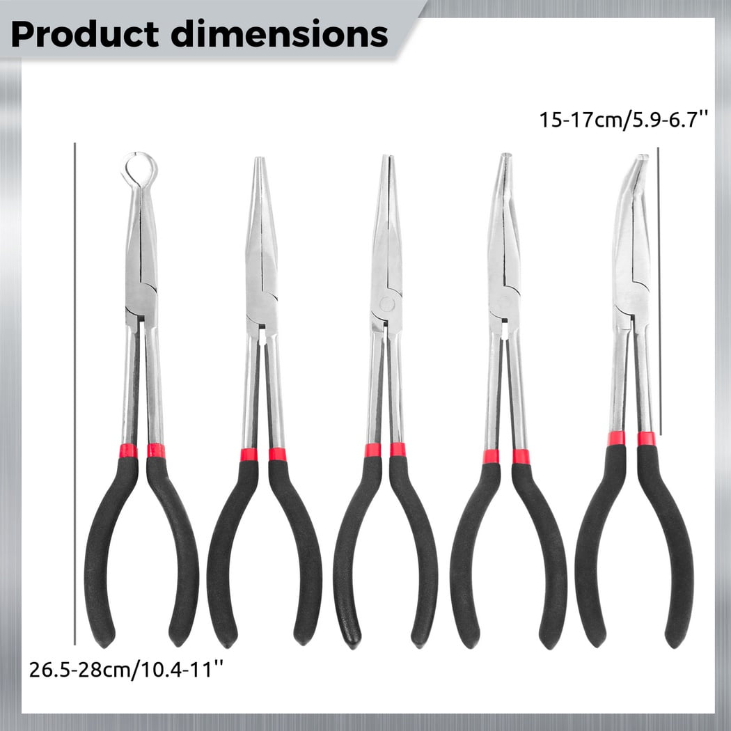 Long Reach Needle Nose Pliers, 5PCS 11" Long Needle Nose Pliers Hose Grippers Set with Pouch, Includes Straight Angle, 25, 45, 90 Degree, O-Typed Long Reach Pliers for Narrow Spaces