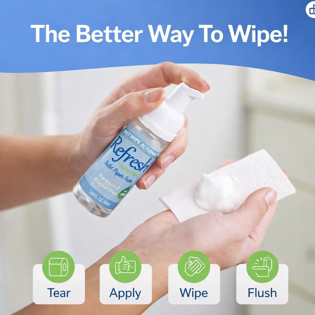 Refresh Liquid Wipe Free Toilet Paper Foam; Sensitive Skin Formula, Witch Hazel and Aloe, Light Natural Scent, 2 Count