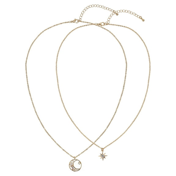 Believe by Brilliance Women's Adult Female 14kt Gold Flash Plated Moon and Stars with CZ Layered Necklace