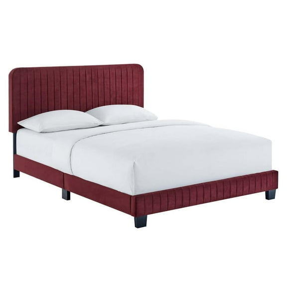 Modway Celine Channel Tufted Performance Velvet Queen Platform Bed in Maroon Red