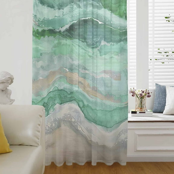Green Coastal Semi Sheer Curtains Drapes for Living Room, Bedroom, French Doors Window 108 Inches Long, Summer Beach Nautical Abstract Art Rod Pocket Chiffon Curtain Drapery Voile Draperies Panel
