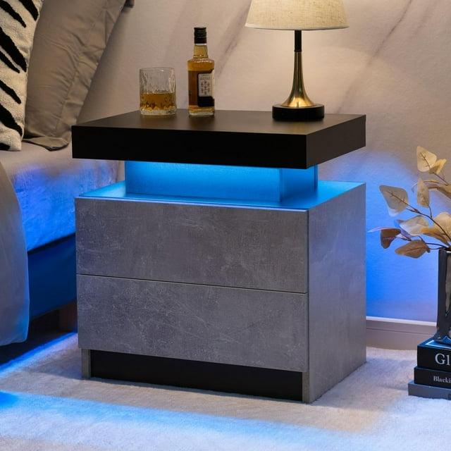Table de Chevet LED avec Tiroir, Armoire LED Moderne avec 2 Tiroirs pour Chambre, Gris