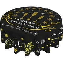 Happy New Year Tablecloth Round 60Inch, Black Merry Christmas Balls Fireworks Cheers Table Cover for Kitchen Dining, Winter Xmas Snowflakes Table Cloth Washable for Holiday Indoor Outdoor Decor