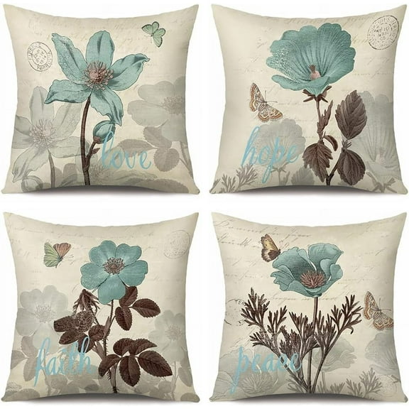 Faty-T Blue Flower Throw Pillow Covers 18x18 Inch Decorative Square Pillowcase Cotton Throw Pillow Covers
