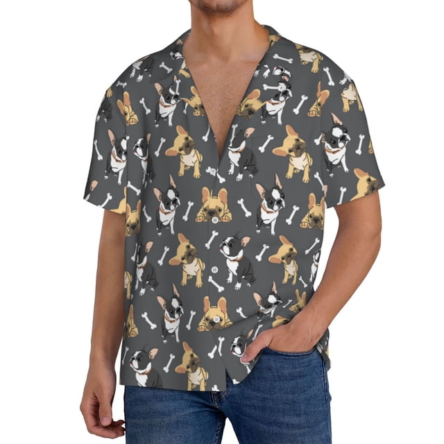 Fotbe Bulldog Print Camisa Estampada de Manga Corta para Hombre, Casual de Verano, Estilo Playero, Sin Arrugas-XX-Large