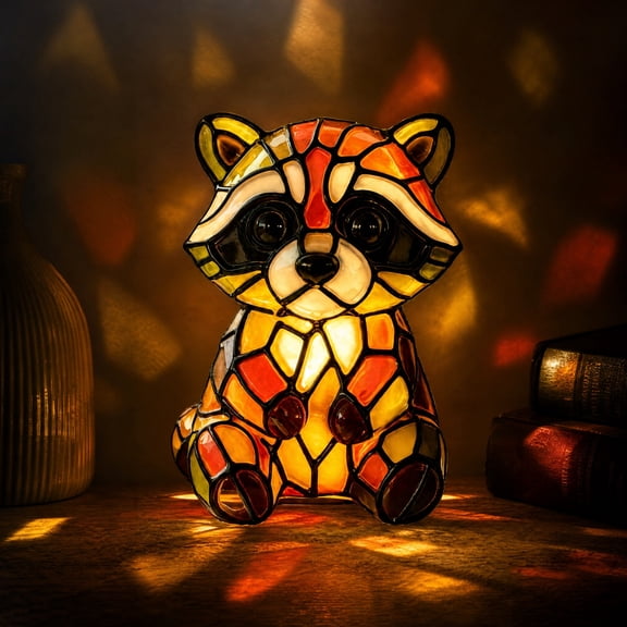 Tarmeek Raccoon Resin Night Light, Vintage LED Bedside Lamp with Stained Glass Effect, Warm Glow Mood Light for Eye Care, Home Decor & Holiday Decoration