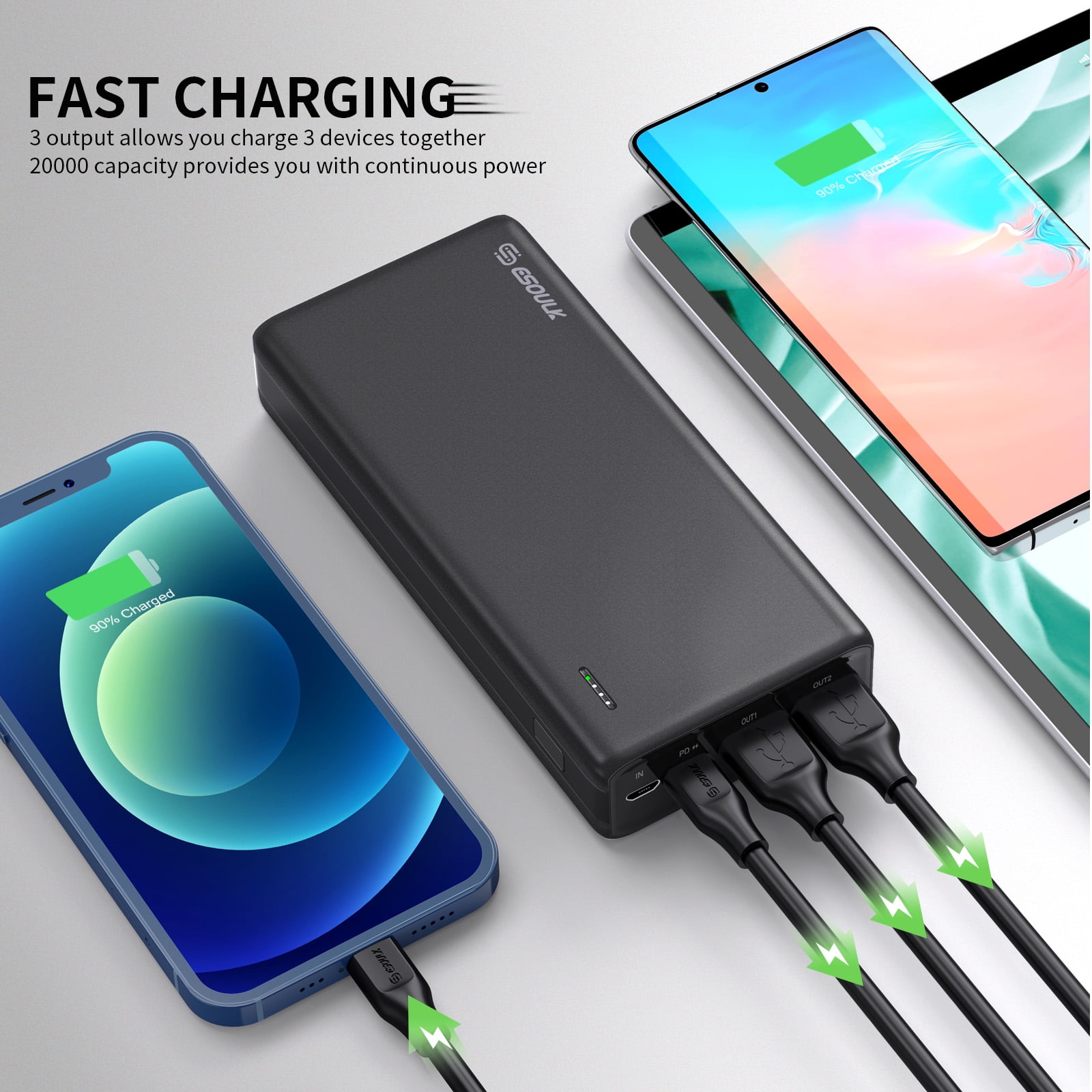 Esoulk 20000mAh PD 20W QC 22.5W Power Bank, Black Portable Charger
