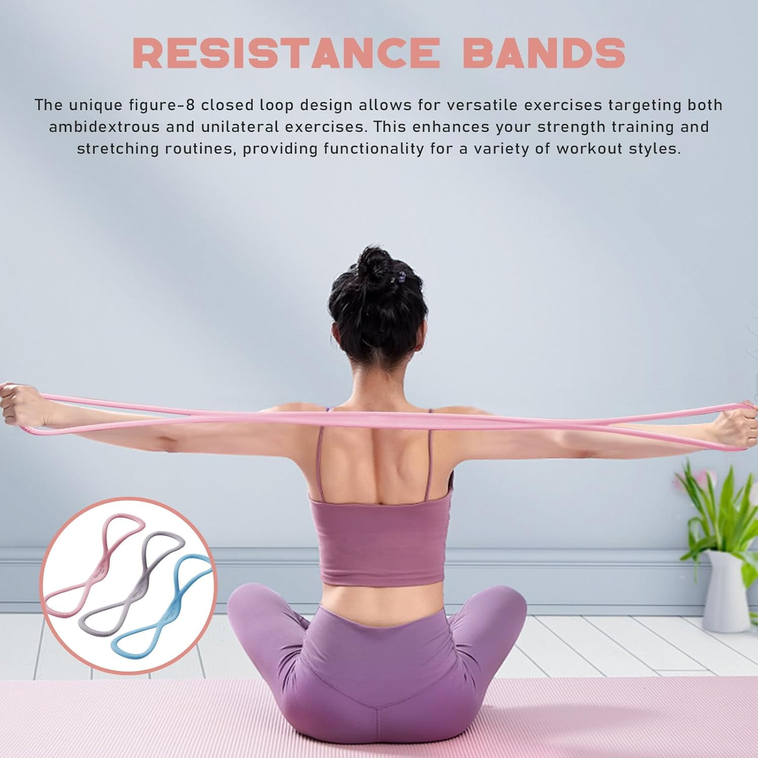 ABCISI 3 Pack Figure 8 Resistance Bands for Women, Arm Resistance Bands for Women, for Working Out, Arm, Back, Fullbody Yoga Pulling Rope, Elastic Stretch Bands (Pink 15lbs Blue 25lbs Grey 35lbs)