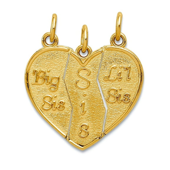17mm 10k Solid Yellow Gold 3 Piece Break apart Big Sis Sis and Lil Sis Charm Pendant Necklace for Women