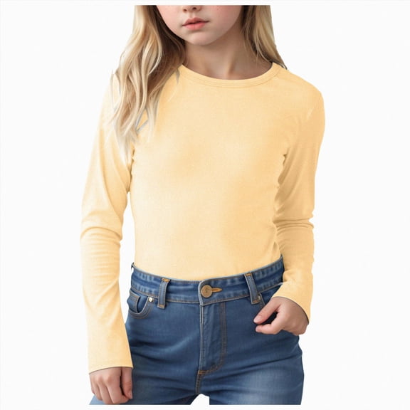 Splozh Kids Long Sleeve Shirt Girls Long Sleeve Shirts Casual Crewneck T-Shirts Soft Layering Basic Tees Undershirts Fall Tops,Light Yellow,11-12 Years