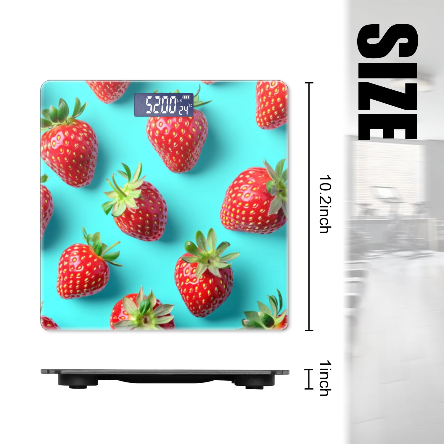 High Precision Body Weight Scale Smart Bathroom Scales with Large LCD Display(400lbs),Decorative for Bedroom-Fruit Pattern With Strawberries On Blue Background