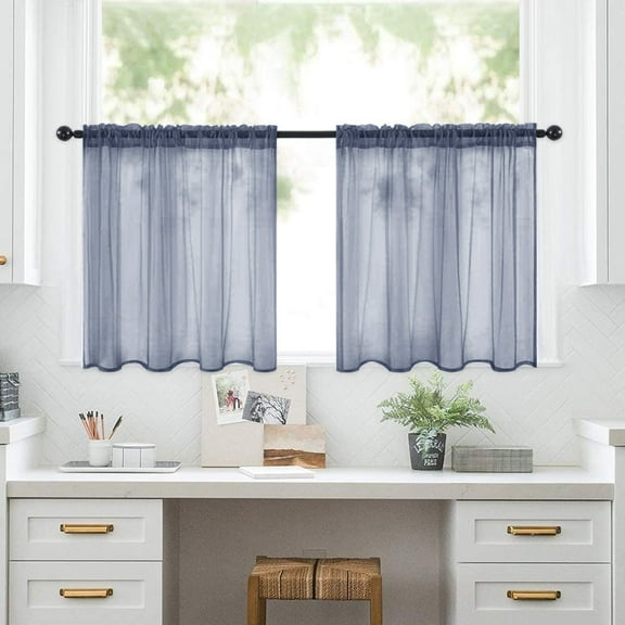 XmhyTop-A Short Tier Curtains Tiers, 76x60cm Blue Sheer Curtains 2 Pack, Farmhouse & Country Half Window Curtains, Rod Pocket Curtains, Ideal for Bathroom, Kitchen, Cafe Decor