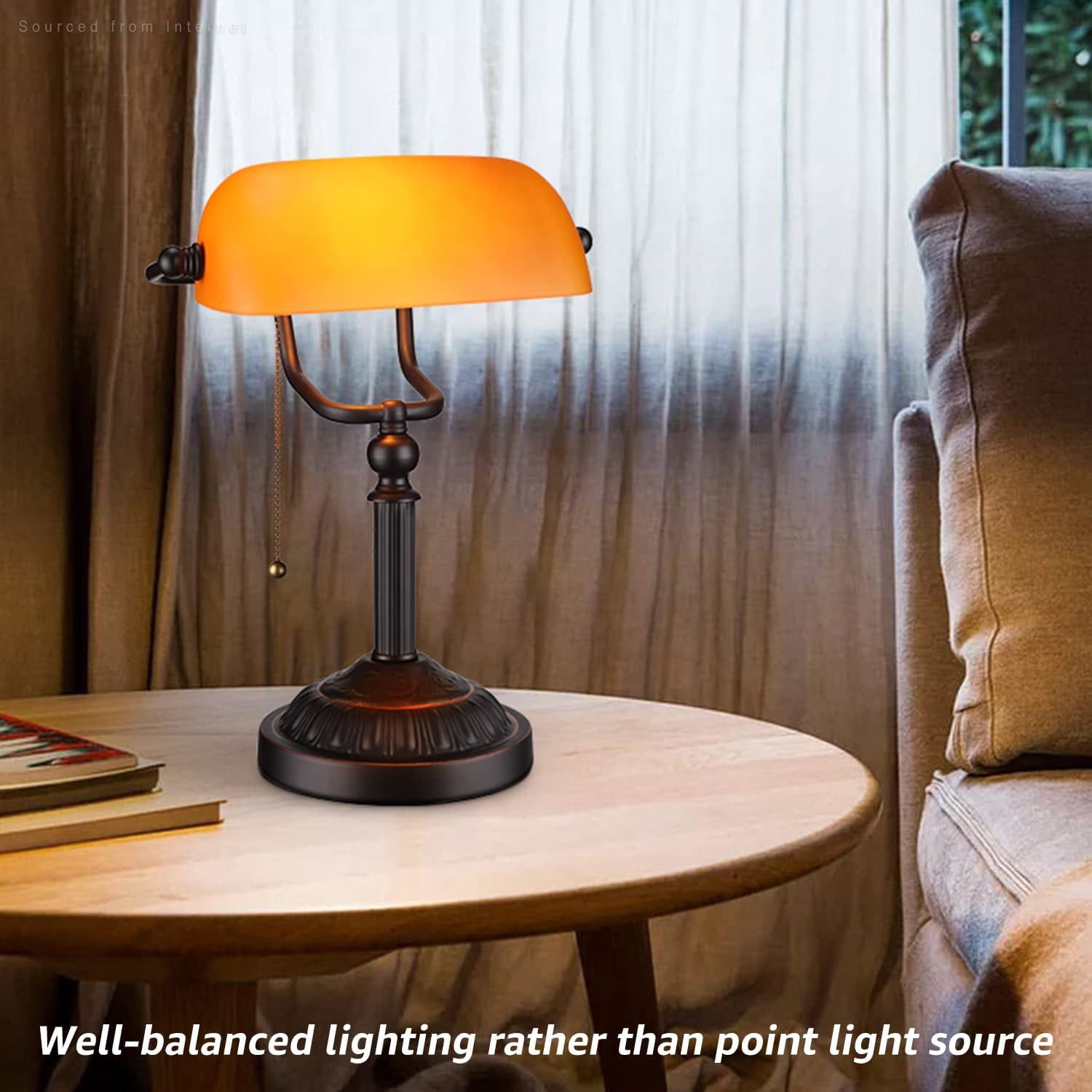 Traditional Bankers Lamp with Pull Chain Switch, Amber Glass Shade, Retro Bronze Base, UL Listed, E26 Base