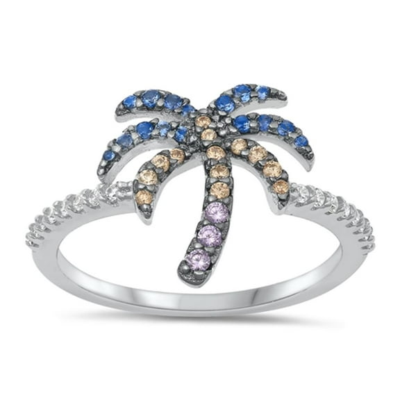 Multi-color Cubic Zirconia Palm Tree Ring .925 Sterling Silver Band Jewelry Female Male Size 7