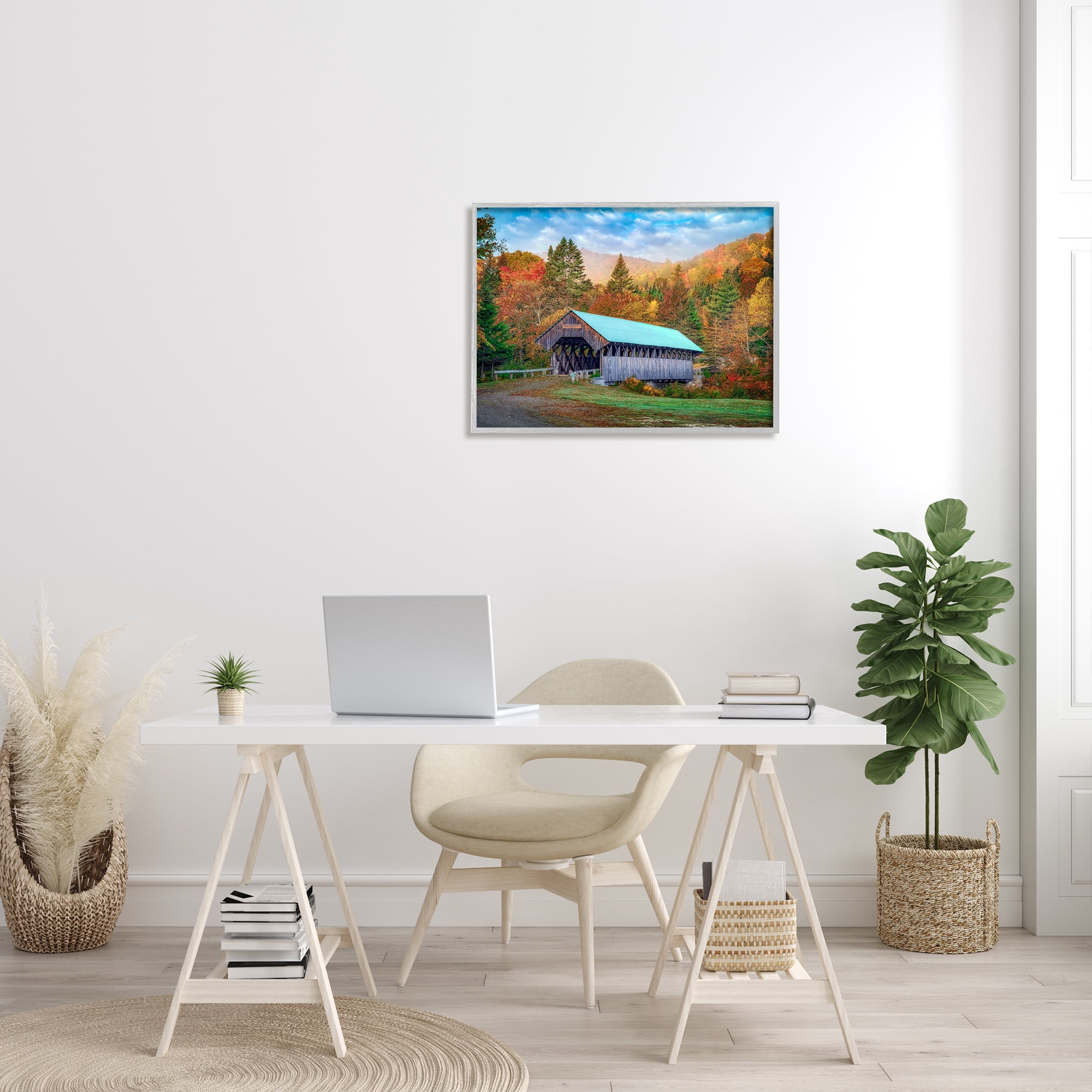 Stupell Woodland Covered Bridge Mountain Foliage Landscape Photography Gray Framed Art Print Wall Art