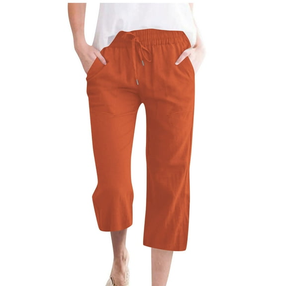 Hueook Capri Pants Flowy Pants Linen Womens Casual Solid Color Elastic Loose Pants Capris with Pocket Orange 3X