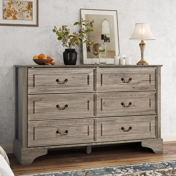 Farmhouse 6 Drawers Dresser for Bedroom, 47'' Wide Rustic chests of Drawers with Natural Texture, Wood Dresser Vintage Design, Storage Dressers Organizer, Grey