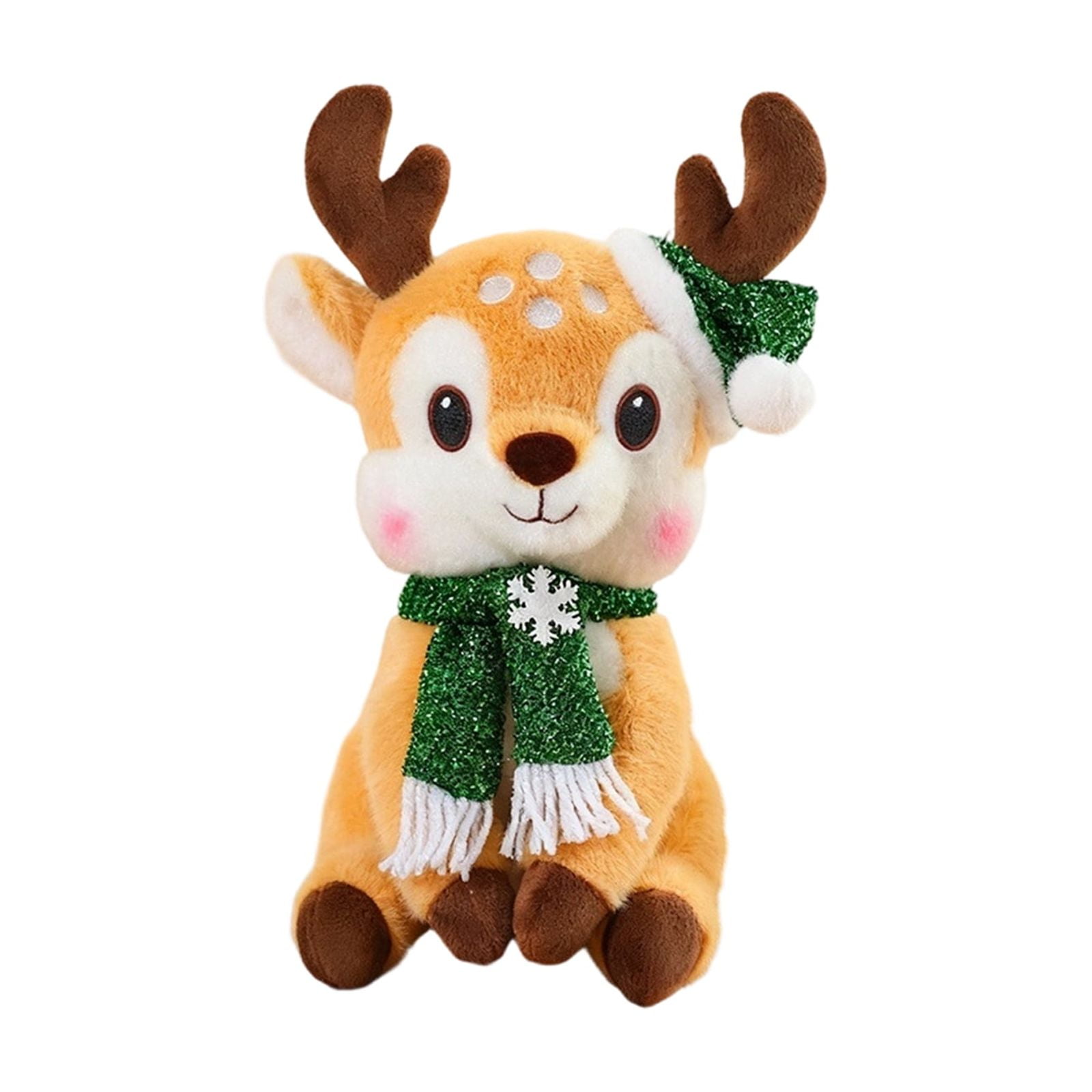 Christmas Reindeer Plush Toy, Soft Stuffed Animal with Green Knit Scarf and Mini Santa Hat, 1 Pack Cute Xmas Plushie for Kids Holiday Home Decoration Christmas Stocking Stuffer Festive Gift