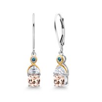 Gem Stone King 925 Silver and 10K Yellow Gold Dangle Earrings Cushion Morganite Half Moon Moissanite and Blue Diamond (1.55 Carat Cttw)