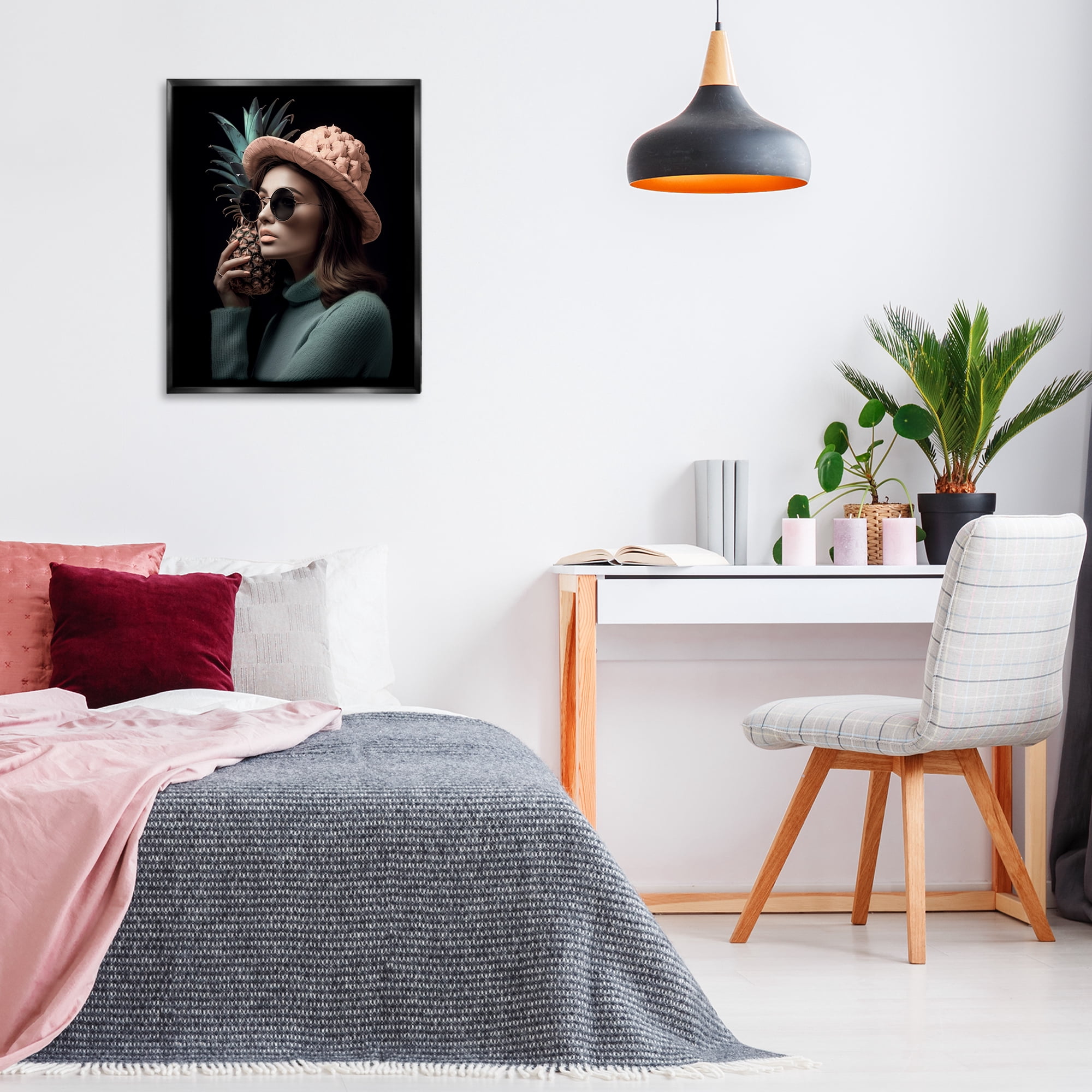 Stupell Industries Chic Girl with Pineapple Novelty Painting Black Floater Framed Art Print Wall Art, 25 x 31