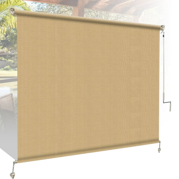 Jane Stone 8'W x8'H Rectangle 220 GSM HDPE Cordless Roll up Roller Sun Shade with Valance,Exterior Shade for Patio Porch Pergola,Sesame