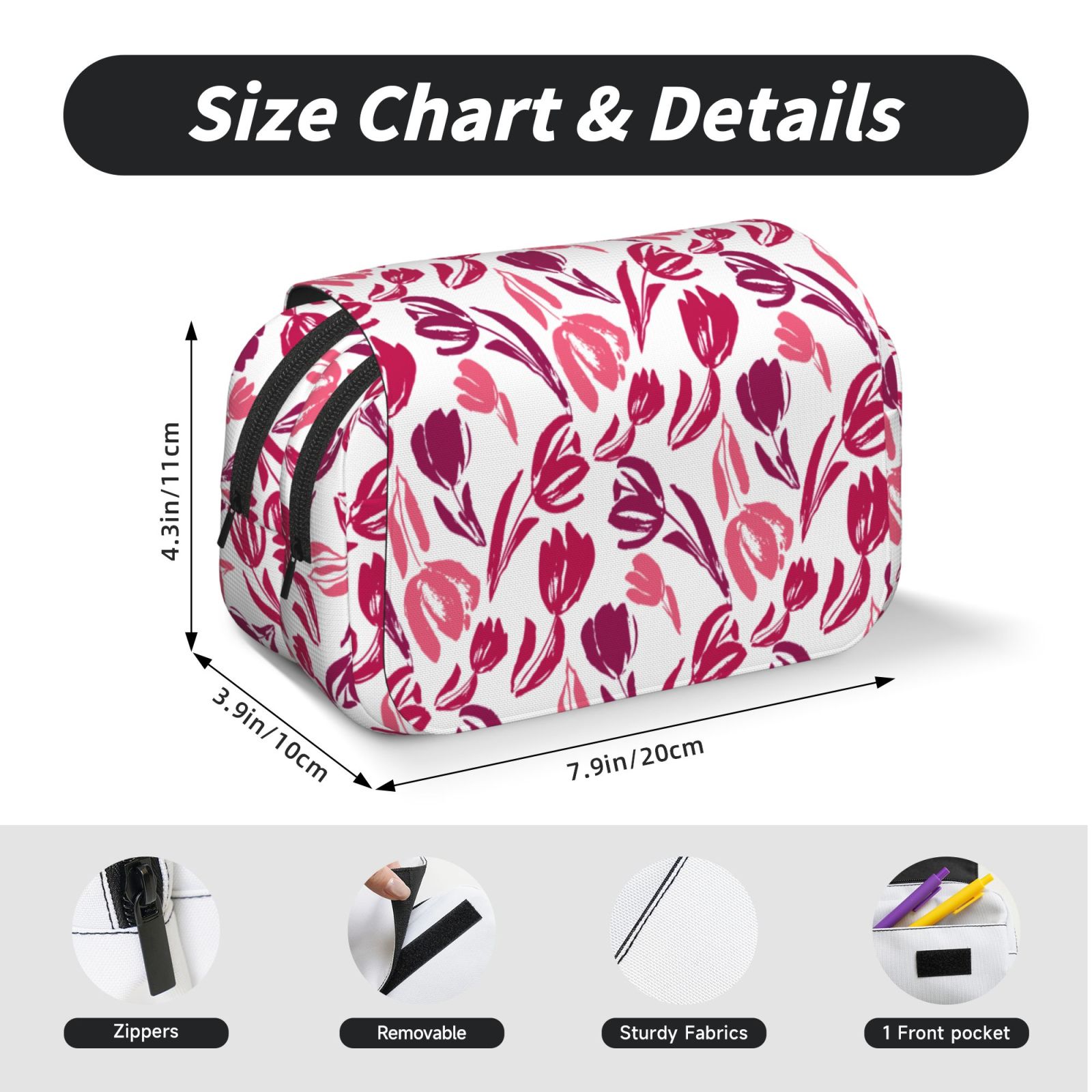Rateoe Tulips Flowers Pattern Double Clamshell Pen Case, Storage Organizer with Two Zipper Compartments– Holds Up to 50 Pencils & Pens