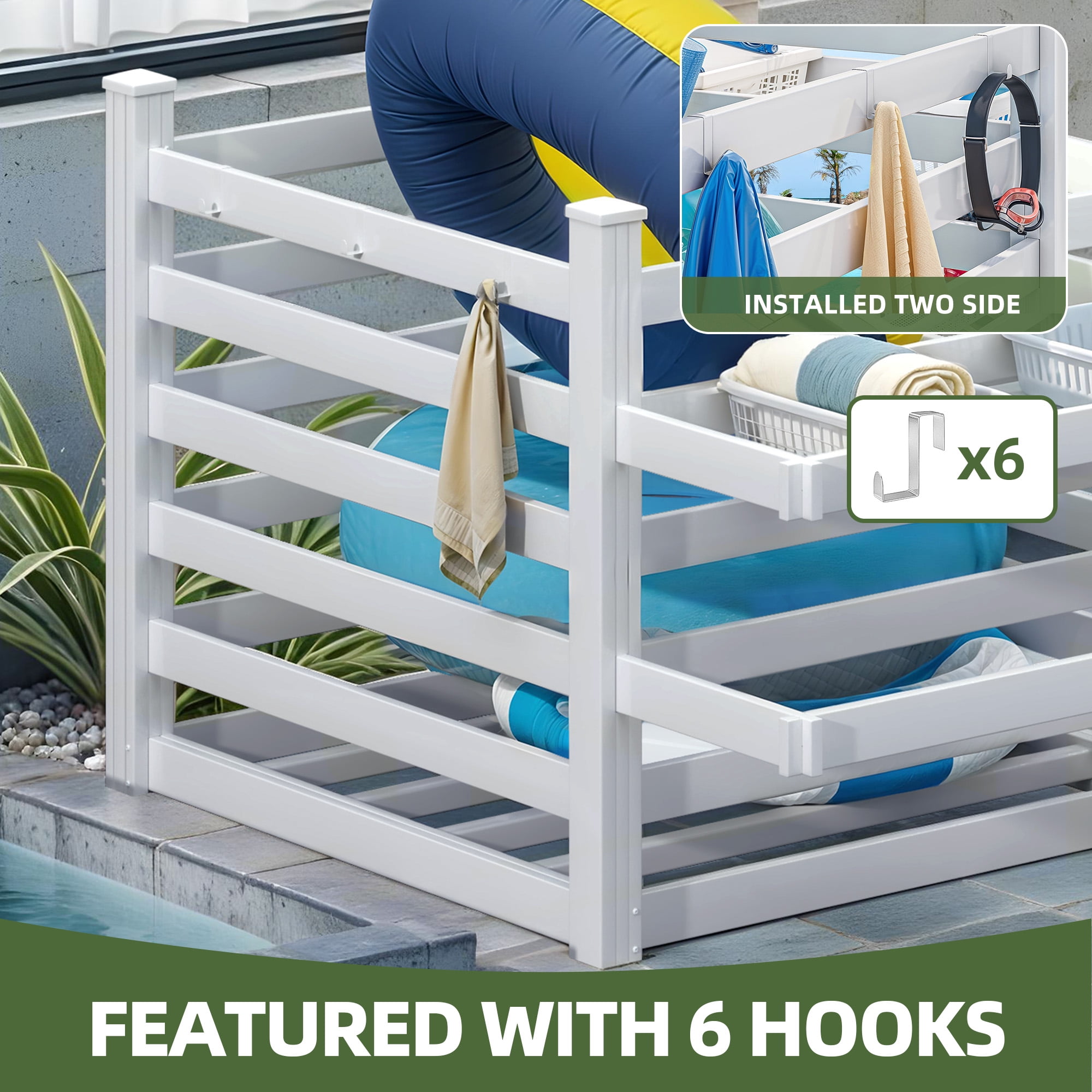 Uforic Outdoor Waterproof Storage Organizer with 6 Hooks, Pool Deck Box, Patio Bin, 64"W x 47"L x39"H, White