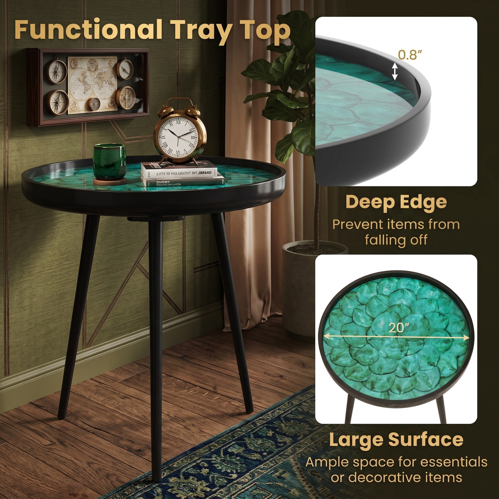 Furnibear 20 Inch Mid-Century Modern End Table, Handmade Sea Shell Side Table with Waterproof Epoxy Resin Tray Top and Solid Mahogany Legs for Living Room, Green