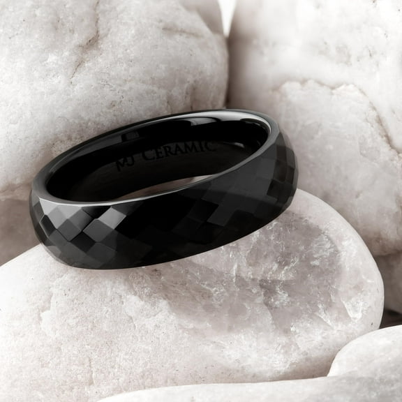 MJ Metals Jewelry Ceramic 6mm Black Plated Wedding Band with a Faceted Design Ring Size 6.5