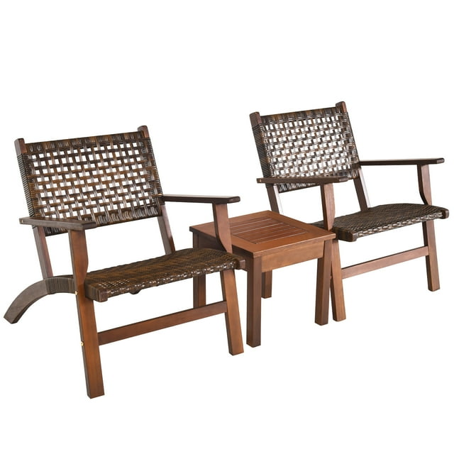 Patiojoy 3 Pieces Outdoor Eucalyptus Wood Bistro Set Modern Hand-Woven PE Wicker Conversation Set