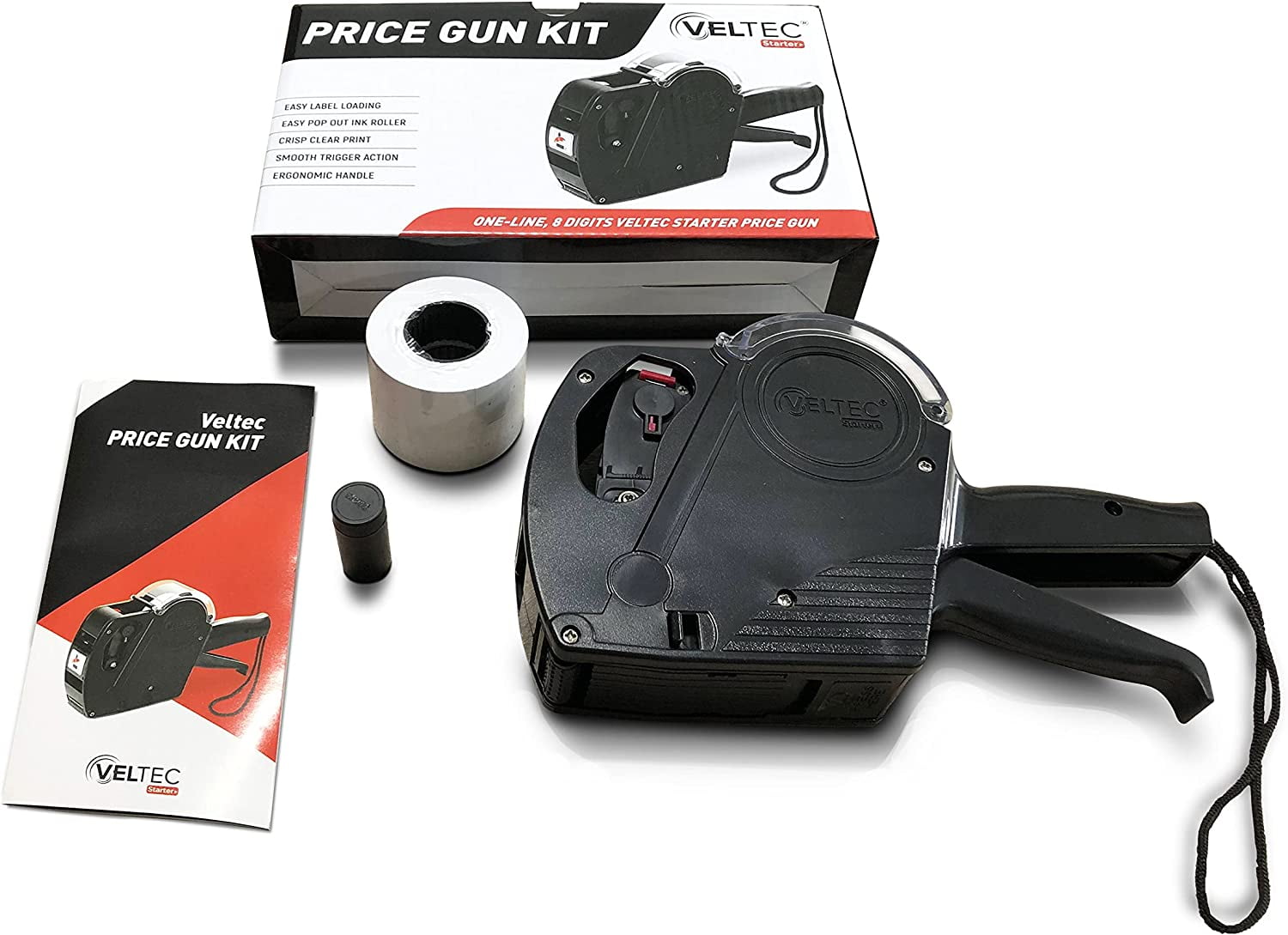 Veltec Price Gun Starter 1-Line, 8 Digits – Includes 2000 White Labels, 1 Inker and Starter Labels Preloaded, and Extra Ink Roller