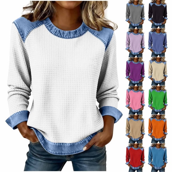 Frostluinai Denim Patchwork Shirts for Women Long Sleeve Crewneck Waffle Pullover Casual Loose Camisa Jeans Para Mujer
