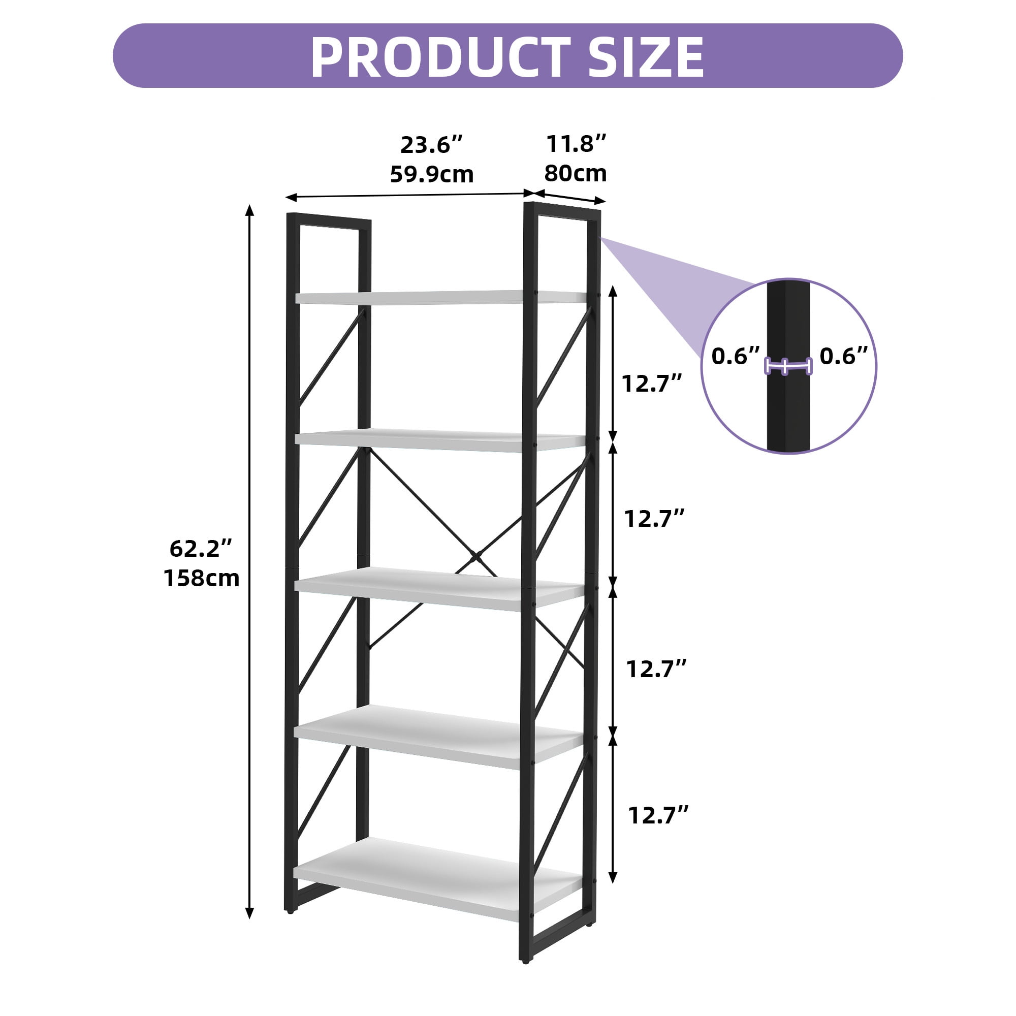 Uforic 5 Tier Bookshelf, Classic Home Office Bookcase Storage Organizer, Free Standing Book Rack, White