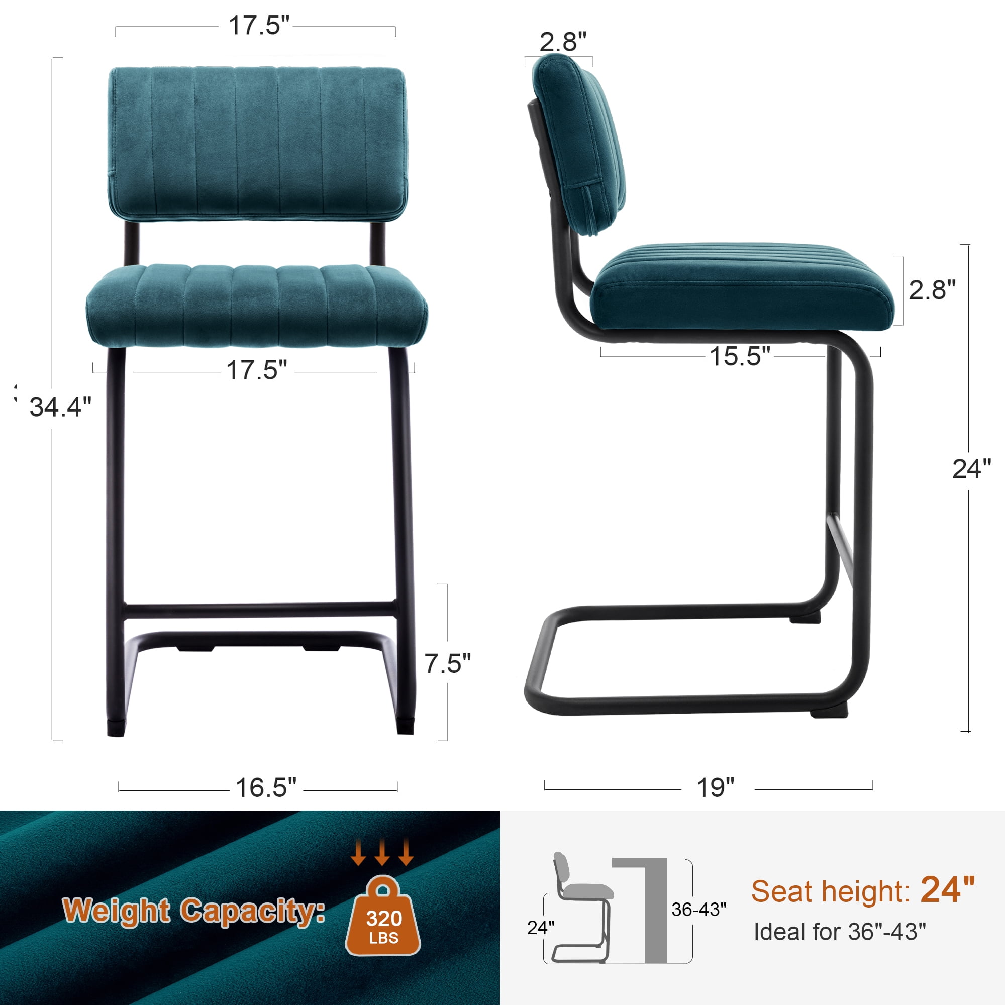 ONEVOG 24"H Counter Height Bar Stools Set of 2, Modern Velvet Upholstered Stool with Black Metal Legs for Kitchen Island, Teal
