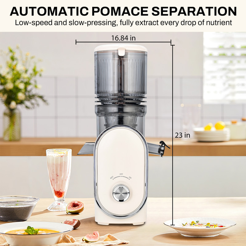 Cold Press Slow Juicer with 5.3" Extra-Wide Feed Chute, One-Touch Operation & Auto Shut-Off, High Juice Output, Effortless Cleaning, Includes Juice & Pulp Containers, 300W (Beige)