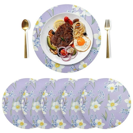 

Round Placemats Plate Mats 15 Inch Non-Slip Heat Resistant Washable PVC Set Table Decoration for Kitchen Dining White Daffodils