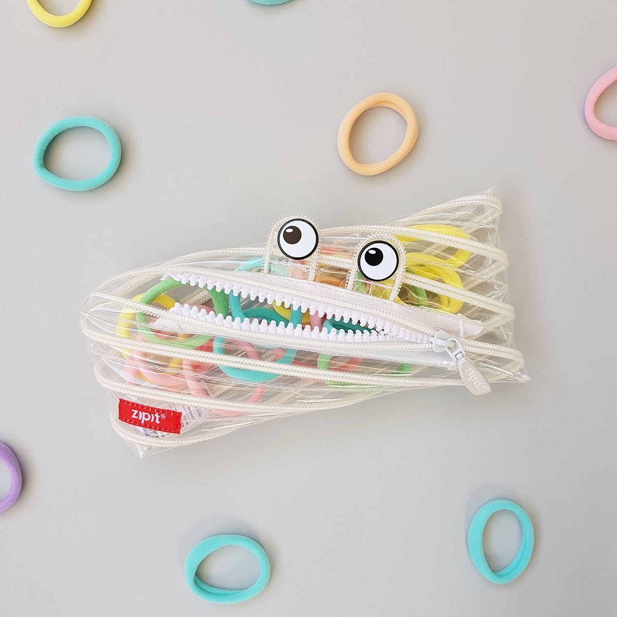 ZIPIT Monster Pencil Case, Clear Pencil Pouch, Holds up to 30 Pens, Made of One Long Zipper! (Clear White)