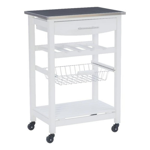 Linon Natalie Stainless Steel Top Rolling Kitchen Storage Cart in White Wood