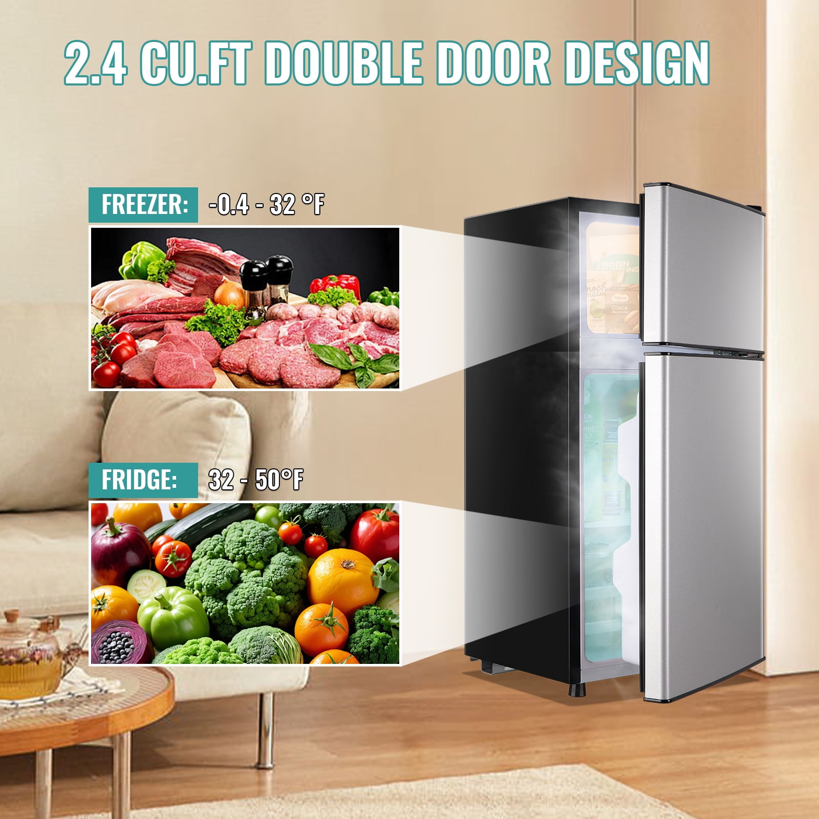 TACOOL Refrigerator with Top Freezer 2.4Cu.ft Two Door Small Mini Fridge for Person Use with Egg Tray, Silver