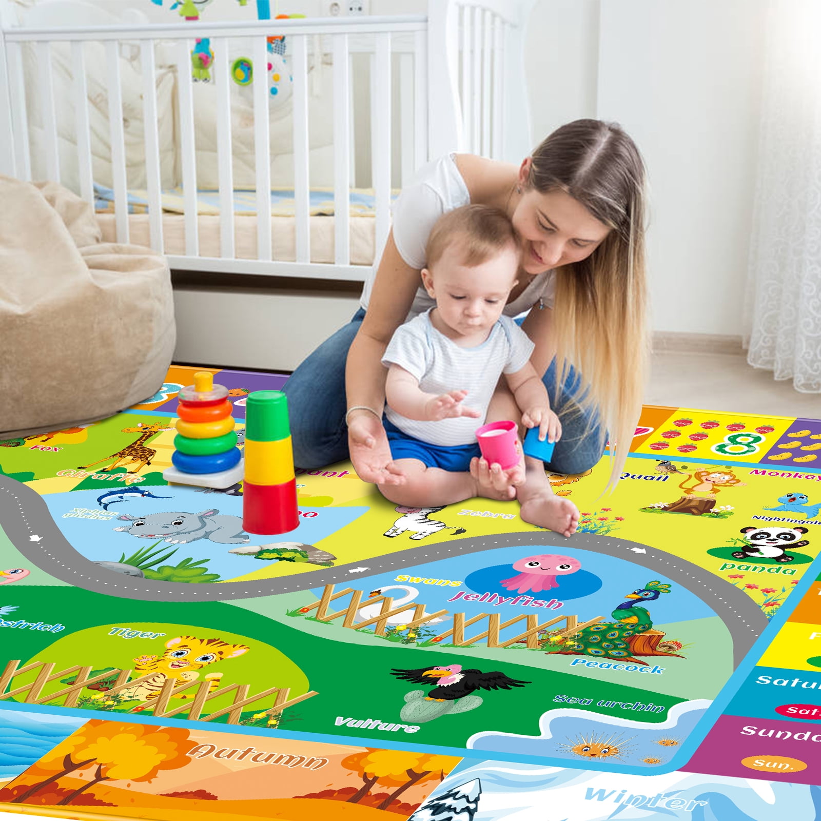 Kids Rugs Play Mat, Animals Zoo Play Rug for Playroom, Fun Playmat ABC Alphabet Educational Area Rug, Kids Baby Floor Mat, Kids Play Rug for Nursery Classroom Bedroom (110.2X78.7 INCH)