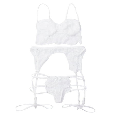 

Qiylii Women Transparent Lace Bra+Panties+Suspender Sheer Floral Lace Sexy Lingerie Sets