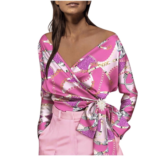 Camisa irregular elegante para mujer Impreso con cuello en V Manga larga Vendaje Blusa Túnica Arco Tops Fridja czfsfas3975